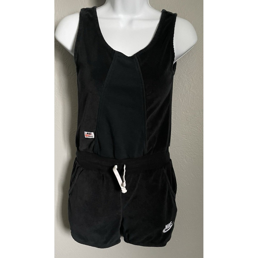 Nike Romper Jumpsuit Teen Size Medium Black Terry Sleeveless Logo Pull On